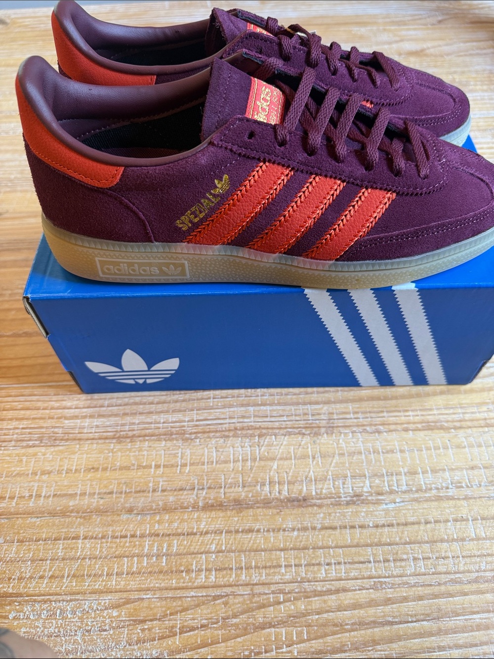 adidas Women’s Handball Spezial Burgundy Suede Sneakers with Orange Stripes